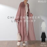 クーポン有 シアーシャツ ロングシャツ シャツ ロング シャツワンピース シャツワンピ ワンピース シフォンワンピース シフォンワンピ シフォン マキシ ノーカラー 長袖 羽織 レディース シアー バンドカラー 透け きれいめ 黒 白 ピンク 春 夏 HUG.U